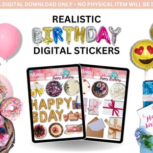K&ouml;nnte beinhalten: Digitale Sticker f&uuml;r Geburtstagsfeiern. Die Sticker zeigen realistische Illustrationen von Kuchen, Ballons und anderen Geburtstagsdekorationen. Der Text "REALISTIC BIRTHDAY DIGITAL STICKERS" ist oben im Bild zu sehen.