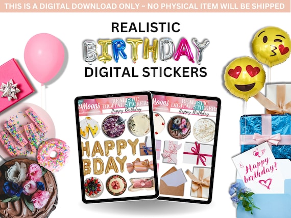 Birthday Digital Stickers - Realistic Digital Stickers - Digital Planner Stickers - Digital Mock Up Stickers - Stickers with Shadows