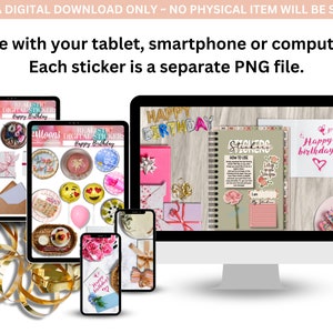 K&ouml;nnte beinhalten: Ein digitaler Download von realistischen Happy Birthday-Stickern. Die Sticker sind auf einem Tablet-, Smartphone- und Computerbildschirm zu sehen. Die Sticker zeigen eine Vielzahl von Designs, darunter Kuchen, Ballons und Blumen.