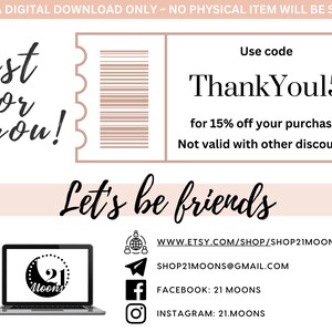 K&ouml;nnte beinhalten: Ein digitaler Download-Gutschein mit rosa und wei&szlig;em Hintergrund. Der Gutschein hat einen Barcode und den Text "Just for you!" und "Code verwenden ThankYou15 f&uuml;r 15% Rabatt auf Ihren Kauf! Nicht g&uuml;ltig mit anderen Rabatten."