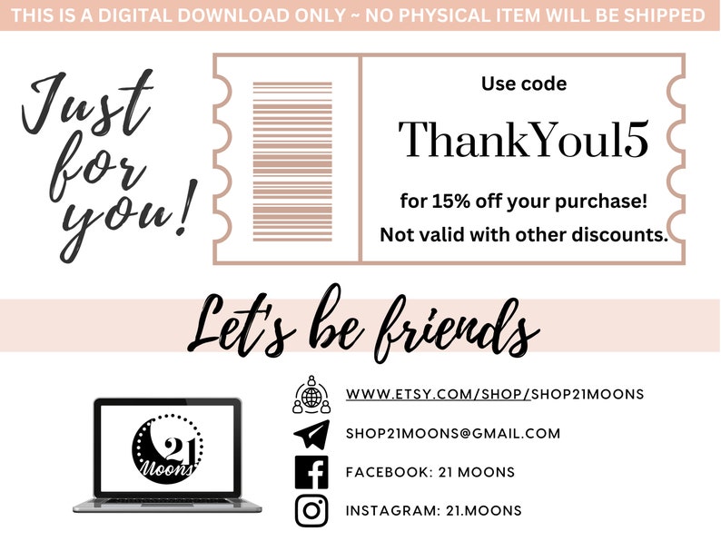 K&ouml;nnte beinhalten: Ein digitaler Download-Gutschein mit rosa und wei&szlig;em Hintergrund. Der Gutschein hat einen Barcode und den Text "Just for you!" und "Code verwenden ThankYou15 f&uuml;r 15% Rabatt auf Ihren Kauf! Nicht g&uuml;ltig mit anderen Rabatten."