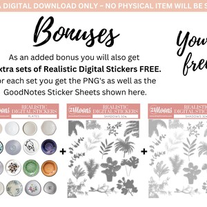 K&ouml;nnte beinhalten: Drei digitale Sticker-Sets f&uuml;r GoodNotes, mit Tellern, Schatten 50 % und Schatten 30 %. Jedes Set enth&auml;lt PNG-Dateien und GoodNotes-Stickerb&ouml;gen. Der Text auf dem Bild lautet: "Realistic Digital Stickers FREE."