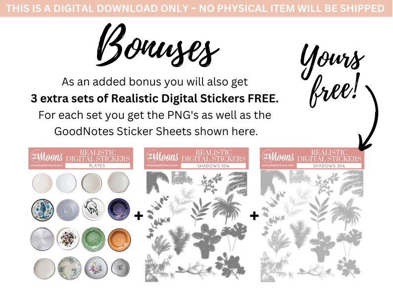 K&ouml;nnte beinhalten: Drei digitale Sticker-Sets f&uuml;r GoodNotes, mit Tellern, Schatten 50 % und Schatten 30 %. Jedes Set enth&auml;lt PNG-Dateien und GoodNotes-Stickerb&ouml;gen. Der Text auf dem Bild lautet: "Realistic Digital Stickers FREE."