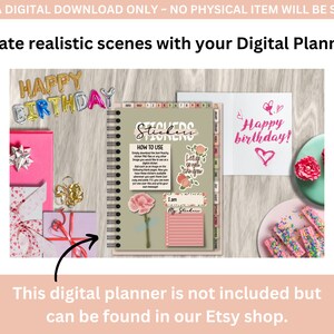 K&ouml;nnte beinhalten: Ein digitaler Planer mit einem Pfirsich- und Blumendesign. Der Planer hat eine Spiralbindung und eine Sticker-Tabelle mit den Worten "Sticker Station" und "Wie man es benutzt". Der Planer ist umgeben von Geburtstagsdekorationen, darunter eine rosa Geschenkbox, eine Karte mit der Aufschrift "Happy Birthday!" und eine rosa-wei&szlig;e Torte.