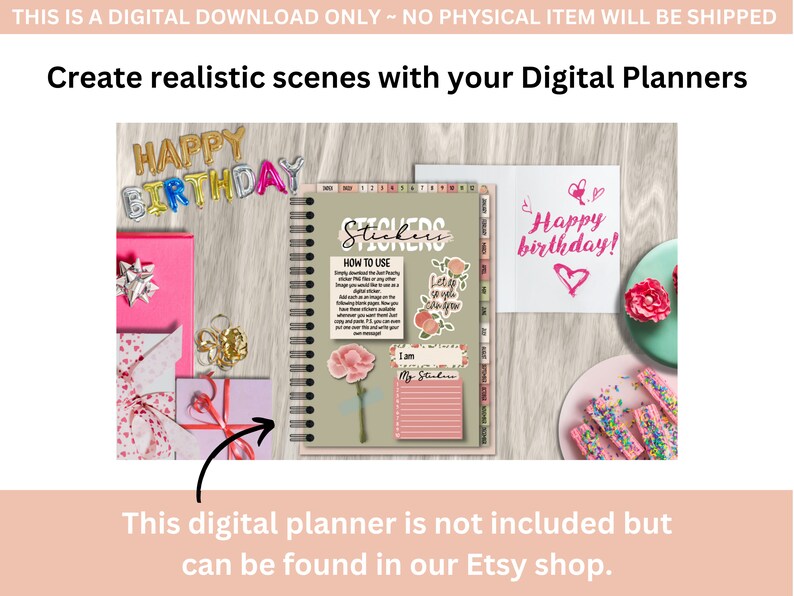 K&ouml;nnte beinhalten: Ein digitaler Planer mit einem Pfirsich- und Blumendesign. Der Planer hat eine Spiralbindung und eine Sticker-Tabelle mit den Worten "Sticker Station" und "Wie man es benutzt". Der Planer ist umgeben von Geburtstagsdekorationen, darunter eine rosa Geschenkbox, eine Karte mit der Aufschrift "Happy Birthday!" und eine rosa-wei&szlig;e Torte.