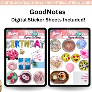 K&ouml;nnte beinhalten: Zwei digitale Stickerb&ouml;gen f&uuml;r die GoodNotes App. Jeder Bogen enth&auml;lt eine Vielzahl von bunten Stickern zum Thema Geburtstag, darunter Ballons, Donuts, Kuchen und Geschenkboxen. Der Text "REALISTIC DIGITAL STICKERS" und "Happy Birthday" ist auf jedem Bogen abgebildet.