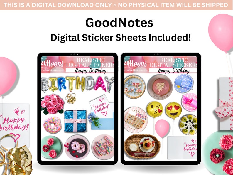K&ouml;nnte beinhalten: Zwei digitale Stickerb&ouml;gen f&uuml;r die GoodNotes App. Jeder Bogen enth&auml;lt eine Vielzahl von bunten Stickern zum Thema Geburtstag, darunter Ballons, Donuts, Kuchen und Geschenkboxen. Der Text "REALISTIC DIGITAL STICKERS" und "Happy Birthday" ist auf jedem Bogen abgebildet.