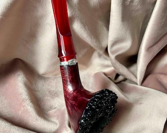 Handmade Briar Pipe with Acrylic Stem, Silver Ring, Artisan Tobacco Pipe, 9mm Filter