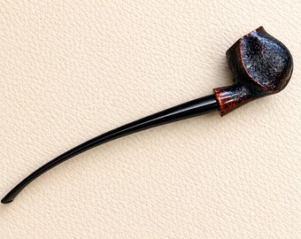 Churchwarden Briar Tobacco Pipe, Long Ebonite Stem, Rusticated Handmade Pipe
