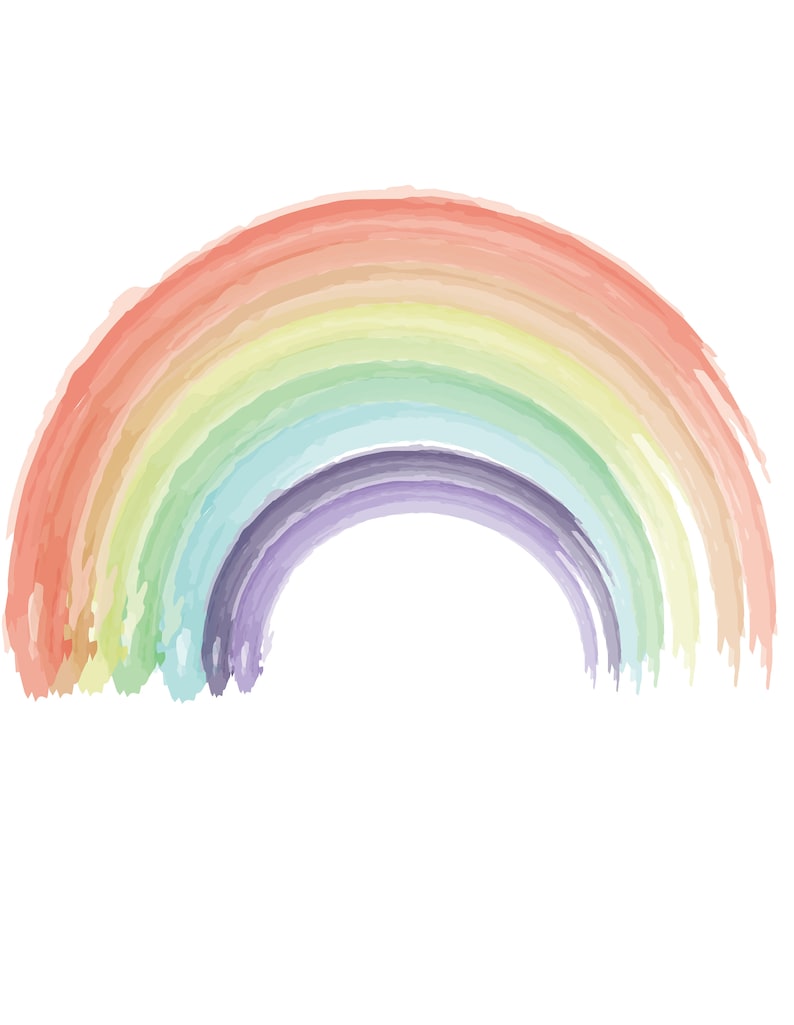 May include: A watercolor rainbow painted in shades of pink, yellow, green, blue, and purple. The rainbow is painted in a loose, brushstroke style, giving it a whimsical and organic feel.