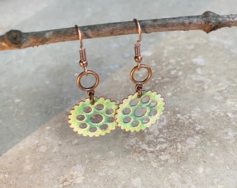 Emerald Translucent Sprocket Copper Enamel Earrings