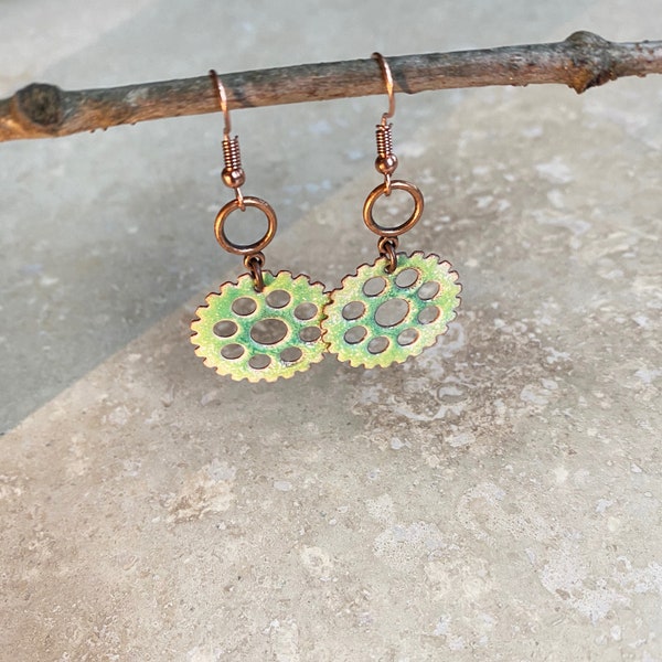 Emerald Translucent Sprocket Copper Enamel Earrings