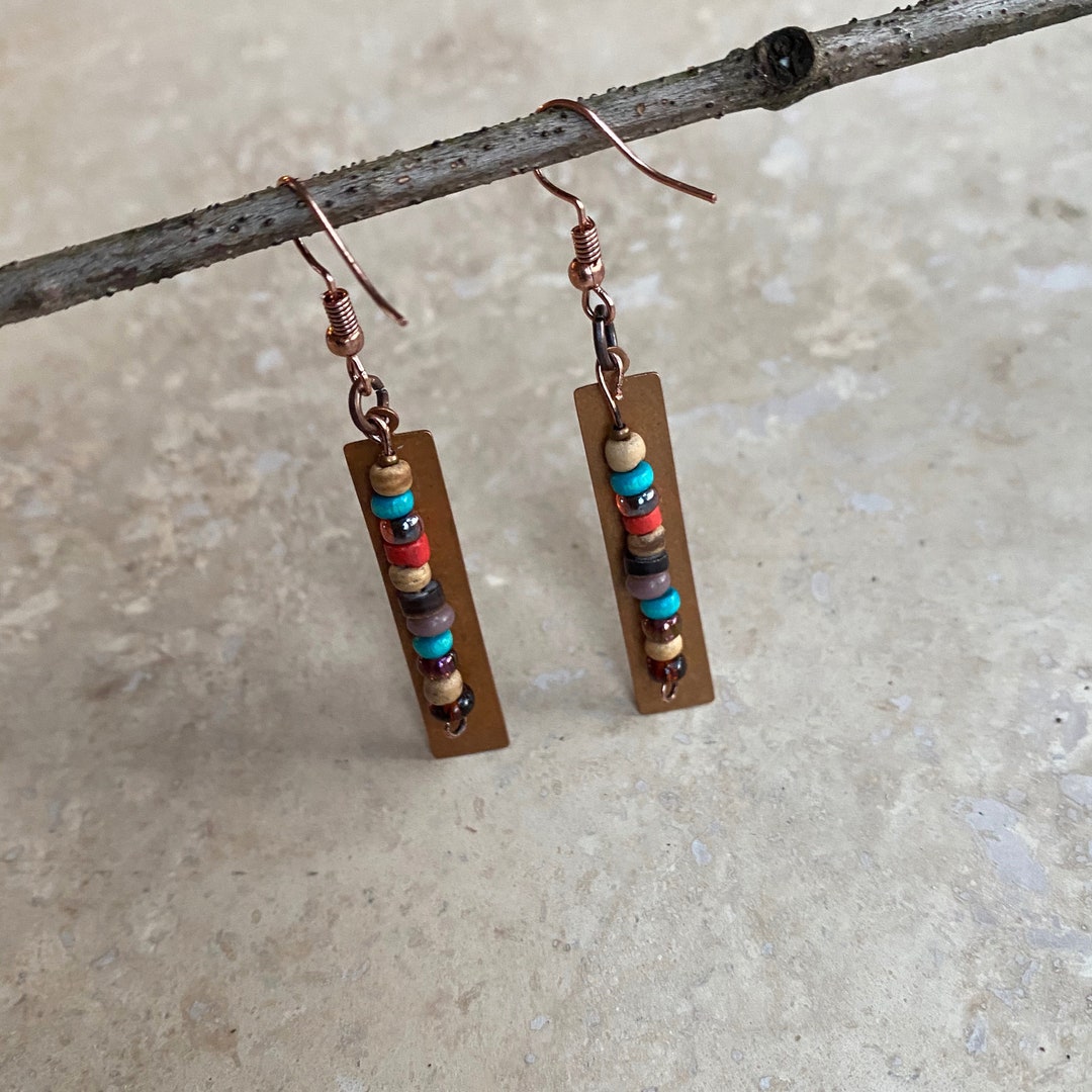 Beaded Copper Bar Earrings Etsy