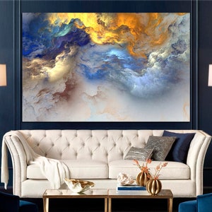 Unreal colorful clouds Blue yellow white abstract Marbling wall decor Abstract Clouds Marble wall art Abstract marble art Canvas wall art