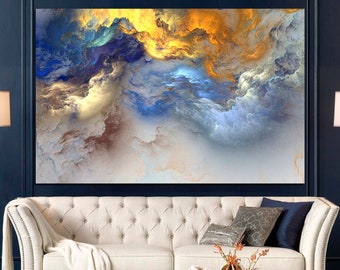 Abstract Clouds Canvas Wall Art: Blue, Yellow, White Marbling
