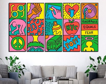 Haring Style Canvas Print: Modern Pop Art Collage Wall Decor