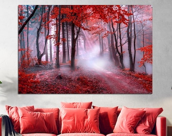 Autumn Forest Canvas Print: Red Leaves, Foggy Nature Wall Art