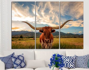 Texas Longhorn Cow Canvas Print: Rustic Western Wall Art