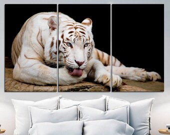 White Tiger Triptych: Large Cotton Canvas Wall Art