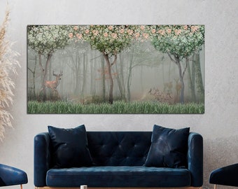 Foggy Forest Elk Canvas Art: Nature Wall Decor