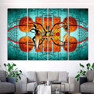 May include: Abstract art print featuring four figures in a stylized dance pose, set against a turquoise background with orange and red geometric shapes.