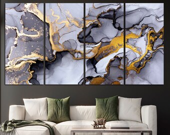 Gray Gold Abstract Canvas Art Print: Modern Alcohol Ink Wall Decor