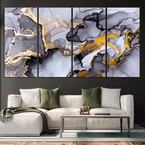Gray Gold Abstract Canvas Art Print: Modern Alcohol Ink Wall Decor