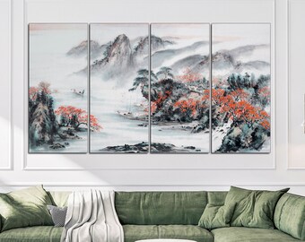 Chinoiserie Canvas Wall Art: Asian Landscape Print