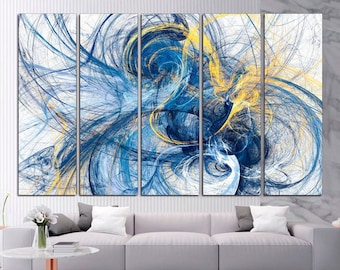 Abstract blue bright motion composition art Modern wall art Blue and yellow canvas print 5Panels contemporary art Living room decor Gift set
