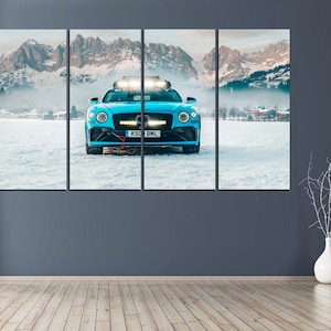 Blue Bentley Continental GT car wall art Bentley canvas print Bentley room decor Bentley poster Bentley among the snowy mountains