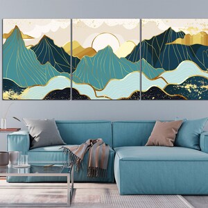 Blue Gold Mountain Canvas Print: Abstract Ridge Art, Modern Wall Decor