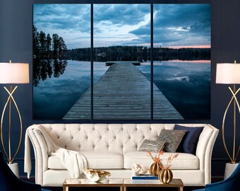 Cloudy Lake Sunset Triptych Canvas Print: Scenic Wall Decor