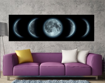 May include: A black and white canvas print featuring a series of five moons in different phases, with a full moon in the center.