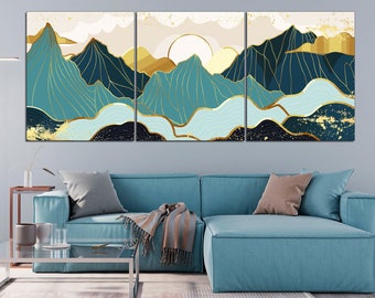 Blue Gold Mountain Canvas Print: Abstract Ridge Art, Modern Wall Decor