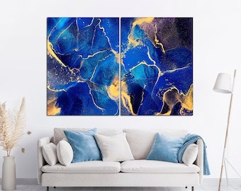 Blue Gold Marble Canvas Print: Modern Abstract Wall Art