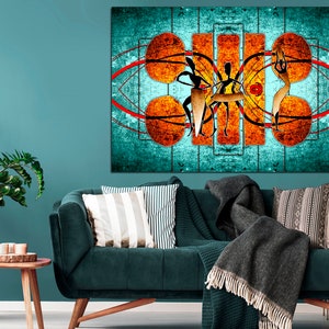 May include: Abstract art print featuring stylized figures in black against a turquoise background with orange and red geometric shapes.