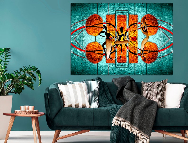 May include: Abstract art print featuring stylized figures in black against a turquoise background with orange and red geometric shapes.
