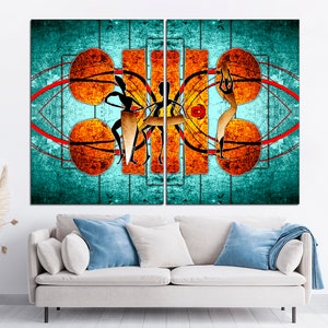 May include: Abstract art print featuring four stylized figures in orange, yellow, and black against a turquoise background with red and black lines.