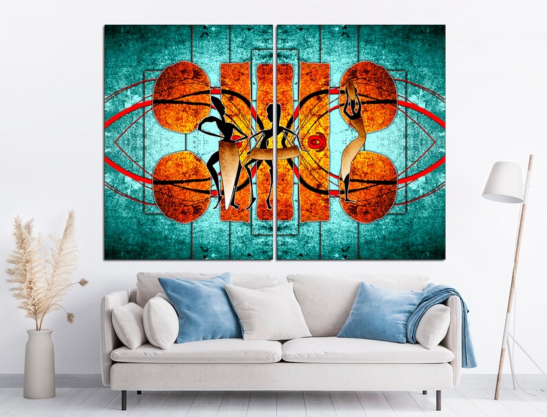 May include: Abstract art print featuring four stylized figures in orange, yellow, and black against a turquoise background with red and black lines.
