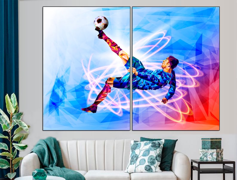 May include: A digital art print of a soccer player kicking a ball in mid-air. The player is surrounded by colorful geometric shapes and glowing light trails. The background is a mix of blue, red, and purple.