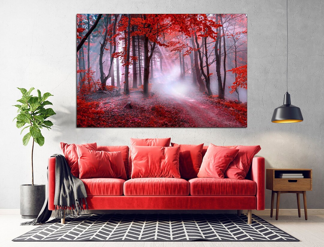 Forest Wall Art Tree Print Autumn Forest Canvas Red Leaves Wall Decor Foggy Forest Print Red