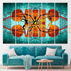 May include: A multi-panel canvas print featuring an abstract design with stylized figures in orange, yellow, and black against a turquoise background. The design includes geometric shapes and lines.