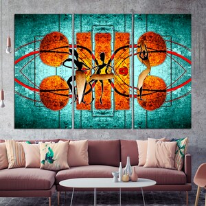May include: Abstract art print featuring four figures in a turquoise, orange, and red color scheme. The figures are stylized and appear to be dancing or playing music. The background is a textured, abstract design.