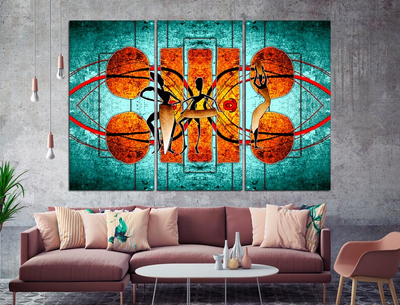 May include: Abstract art print featuring four figures in a turquoise, orange, and red color scheme. The figures are stylized and appear to be dancing or playing music. The background is a textured, abstract design.