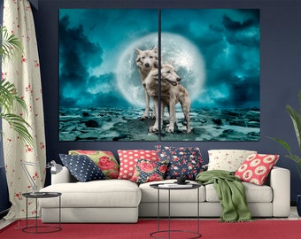 Two Wolves Howling at Moon Canvas Print: Blue Eyes Wolf Wall Art