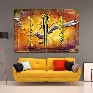 May include: A multi-panel abstract art print featuring two figures in black silhouette against a yellow, orange, and purple background with stylized black and white lines.