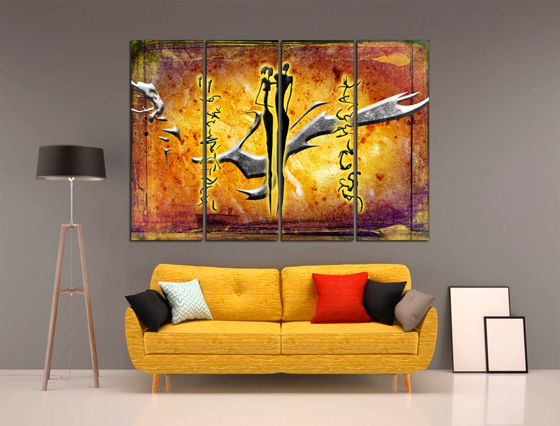 May include: A multi-panel abstract art print featuring two figures in black silhouette against a yellow, orange, and purple background with stylized black and white lines.
