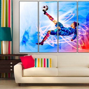 May include: A colorful abstract painting of a soccer player kicking a ball. The player is in mid-air, with their leg extended and their foot about to make contact with the ball. The background is a mix of blue, red, and white, with swirling lines of light.