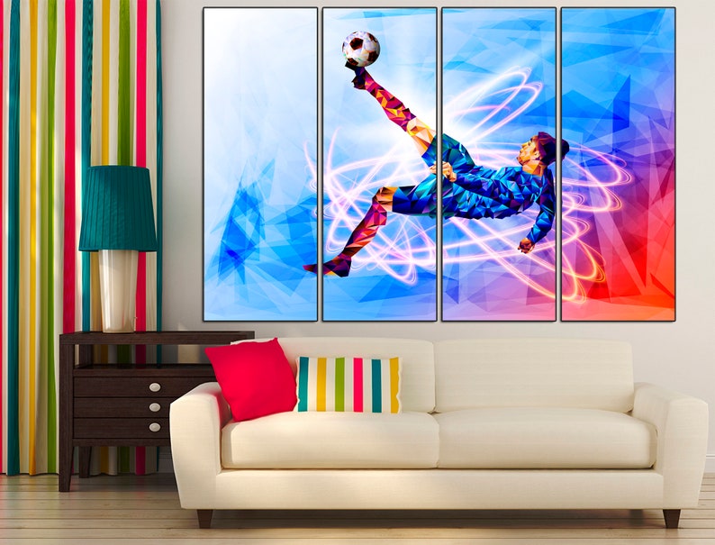 May include: A colorful abstract painting of a soccer player kicking a ball. The player is in mid-air, with their leg extended and their foot about to make contact with the ball. The background is a mix of blue, red, and white, with swirling lines of light.
