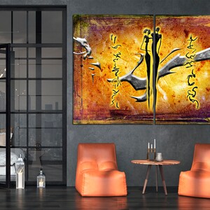 May include: Abstract art print featuring two figures in black silhouette, standing close together against a yellow and orange background with silver accents. The background has a textured look and includes abstract symbols.